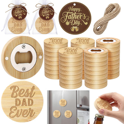 Mifoci 30 Pcs Father's Day Magnetic Bottle Opener Bulk Engraved Bamboo Round Shape Beer Openers with Round Perforated Sheet Drawstring Bag Hemp Rope for Father's Day Gifts Beer Lover