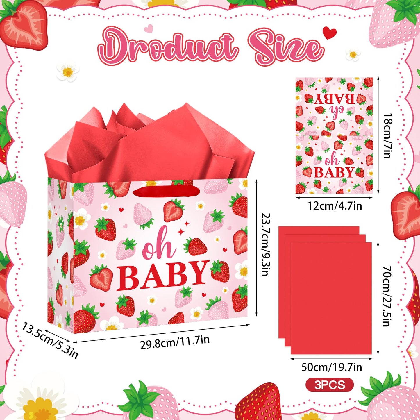 Woosytoo Strawberry Baby Gift Bag with Card Tissue Papers, Pink Berry Baby Shower Wrapping Paper Bag Oh Baby Present Bags for Newborn Congratulations Gifts Gender Reveal Party Favors