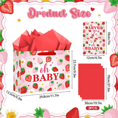 Woosytoo Strawberry Baby Gift Bag with Card Tissue Papers, Pink Berry Baby Shower Wrapping Paper Bag Oh Baby Present Bags for Newborn Congratulations Gifts Gender Reveal Party Favors