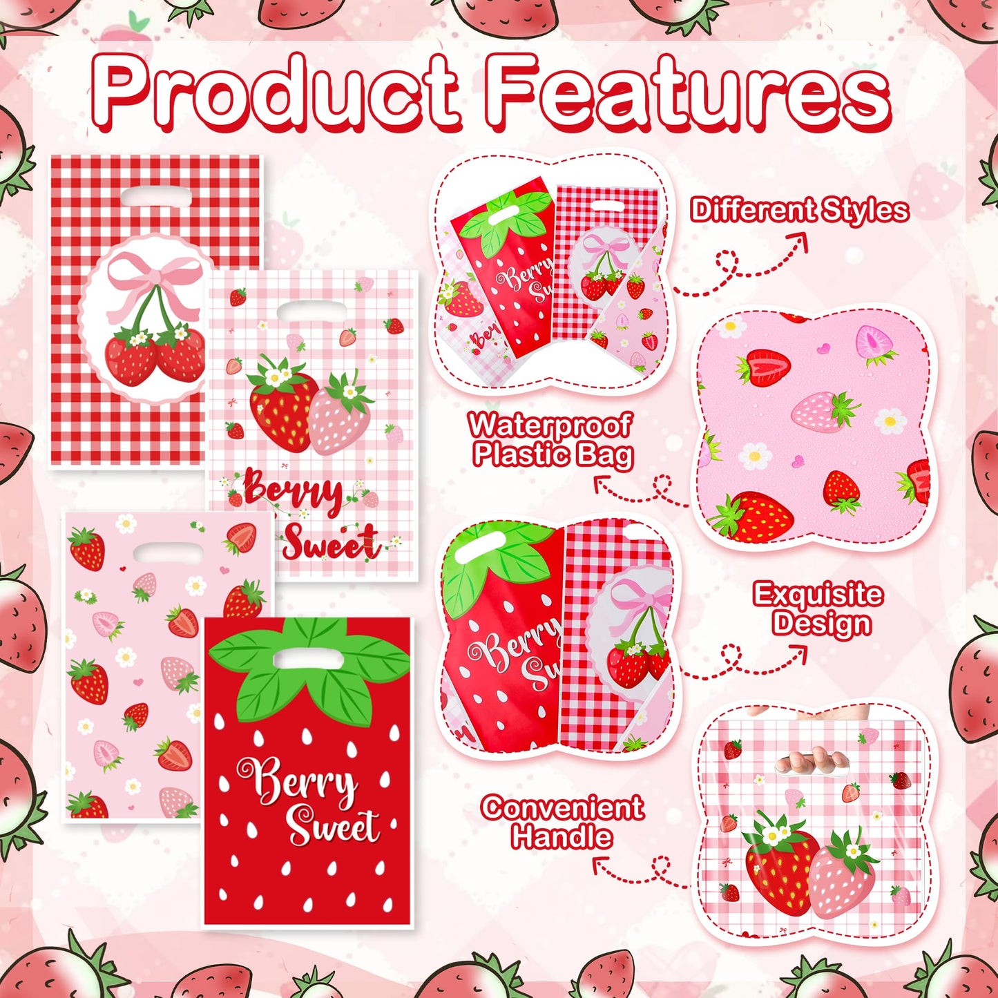 40Pcs Strawberry Goodie Bags,9.8x6.6Inch Red Plastic Strawberry Candy Party Favor Bags with Handles,Pink Bow Berry Sweet Gift Bags for Birthday,Baby Shower,Summer Themed Party Wedding Decor Supplies(40)