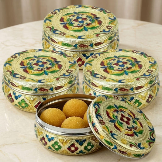 LOVENSPIRE Meenakari Stainless Steel Storage Box with Lid (250gm) Decorative Round Indian Food Container for Sweets, Kitchen Items & Return Gift Favors Pack of 4