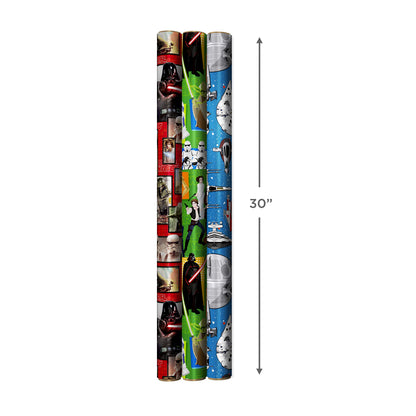 Hallmark Star Wars Wrapping Paper with Cut Lines on Reverse (3-Pack: 60 sq. ft. ttl) with Yoda, Darth Vader, Chewbacca, R2-D2, C-3PO, Stormtroopers, X-Wing, Millennium Falcon