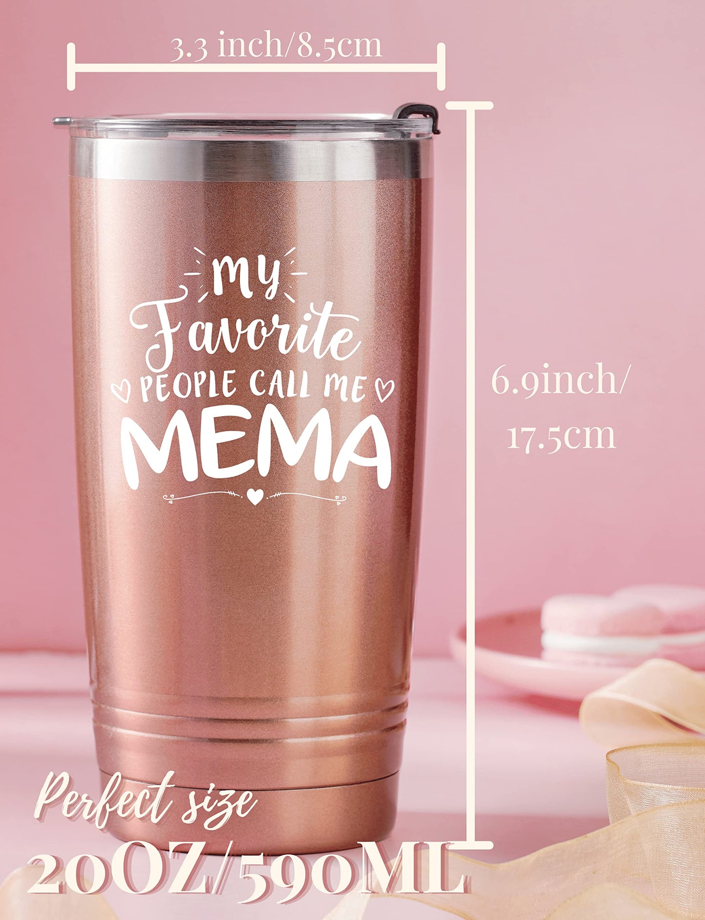 Mema Gifts for Grandma, Insulated Stainless Steel Wine Tumbler with Lid, For Nana, Gigi, Granny, Grammy, Birthday, Mother’s Day, Christmas gifts, Rose Gold, (20 oz) Call me Mema