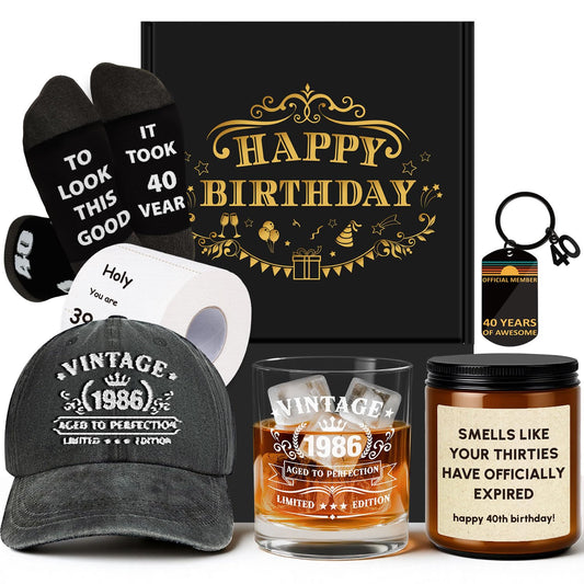 40th Birthday Gifts for Men, 40th Men’s Birthday Gifts for Men Who Have Everything Vintage 1986 Whiskey Glass Baseball Cap 40 Year Old Funny Personalized Birthday Gifts for Him Husband Boyfriend Dad