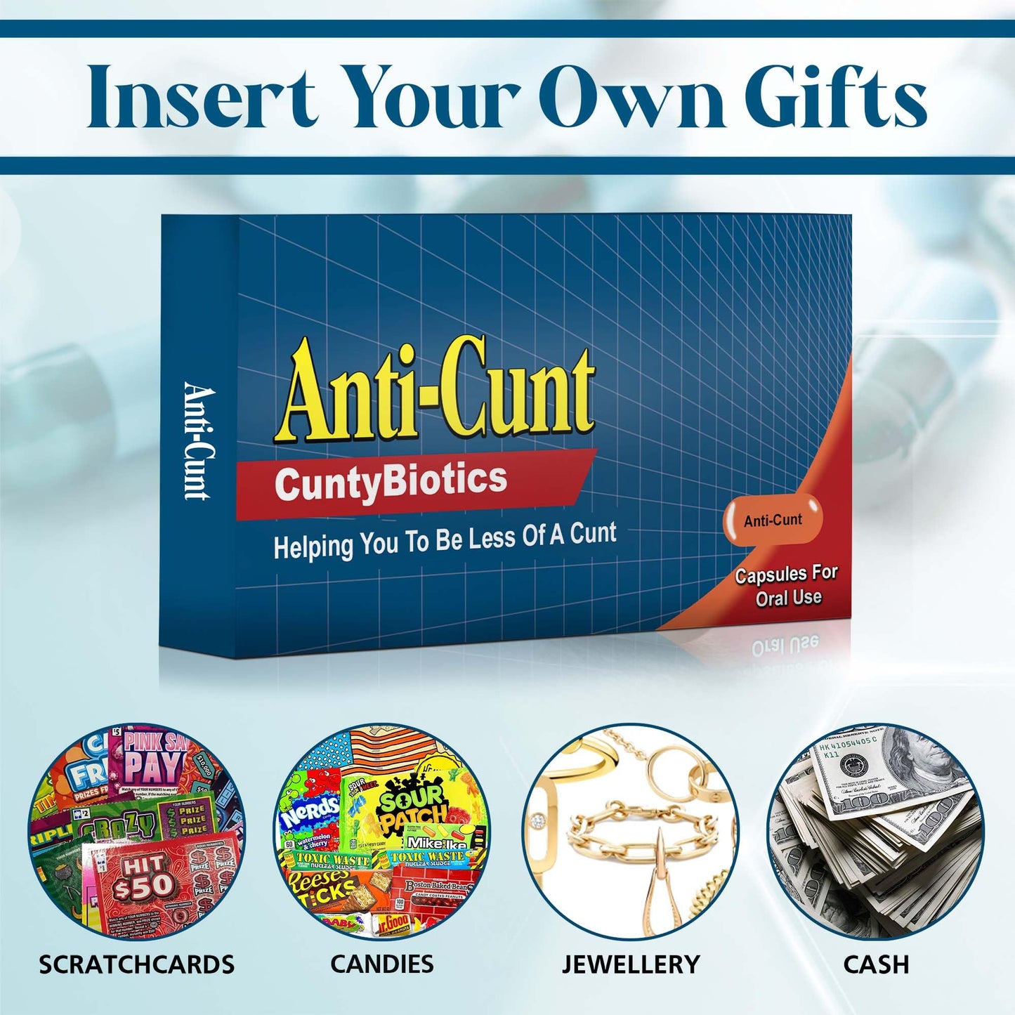 Gag Gifts for Men Funny Gifts Prank Pill Box White Elephant Christmas Yankee Swap Funny Prank Gift Birthday Gift for Dad Brother Friend Presents Empty Gift Box Fill with Candy (Anti-C*nt)