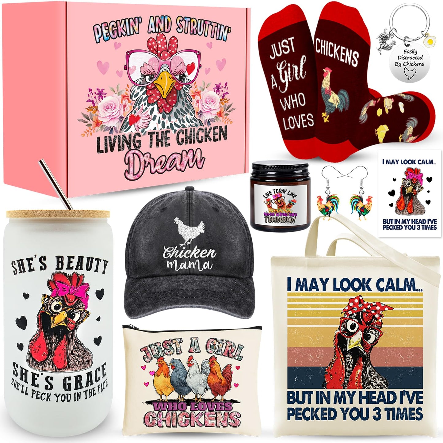 Chicken Gifts, Chicken Lover Gifts for Women, Funny Chicken Stuff with Glass Cup Tote Bag Makeup Bag Baseball Hat Candle Socks Keychain Earrings for Lady, Chicken Mom Birthday Chirstmas Gifts