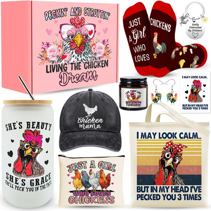 Chicken Gifts, Chicken Lover Gifts for Women, Funny Chicken Stuff with Glass Cup Tote Bag Makeup Bag Baseball Hat Candle Socks Keychain Earrings for Lady, Chicken Mom Birthday Chirstmas Gifts