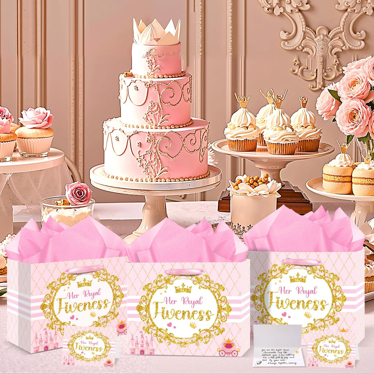Princess Gift Bags Pink Happy 5th Birthday Party Favors Bag Princess Birthday Party Decorations with Wrapping Tissue Paper and Greeting Card for 5 Year Old Girls Kids Baby Shower Party Supplies Decor