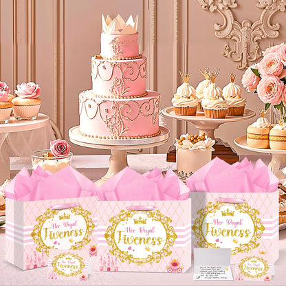 Princess Gift Bags Pink Happy 5th Birthday Party Favors Bag Princess Birthday Party Decorations with Wrapping Tissue Paper and Greeting Card for 5 Year Old Girls Kids Baby Shower Party Supplies Decor