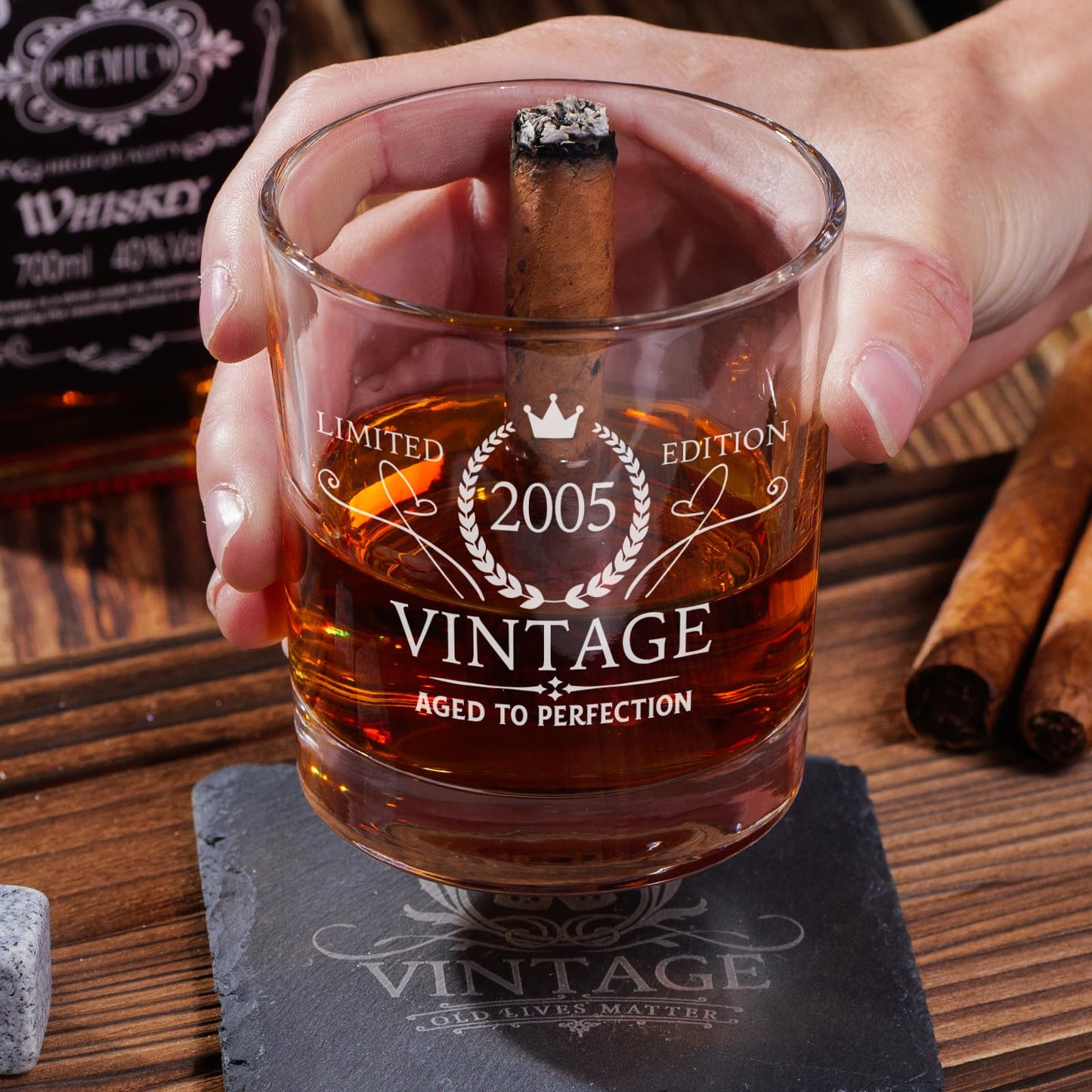 2025 21st Birthday Gift For Him, 21 Year Old Gifts For Men Whiskey Glass Set - 21st Birthday Decorations, Party Supplies - Bday Gifts Ideas For Him, Friends - Wood Box & Whiskey Stones & Coasters