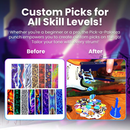 DIY Guitar Picks Punch Mega Pack - Custom Pick Maker for Musicians - Features Leather Key Chain Holder, Pick Strips with Artwork & File - Unique Gifts for Men & Women - Blue Punch
