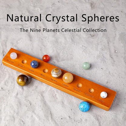Runyangshi Nine Planets Crystal Ball Set in Display Case - Natural Stone Solar System Model with Black Foam Liner, Space & Astronomy Decor Collection