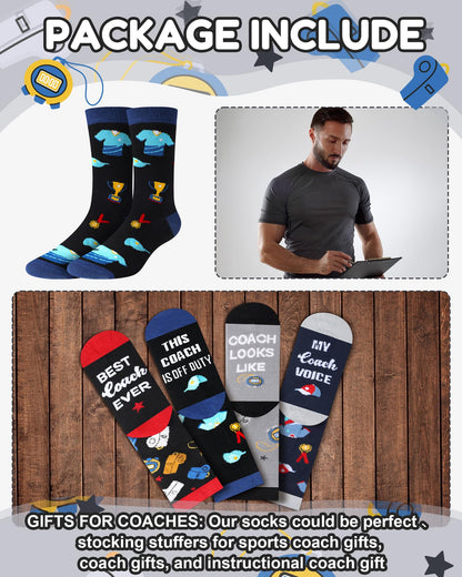 Ramede 4 Pairs Best Coach Socks for Men Funny Casual Cotton Crew Socks Coach Appreciation Gifts for Sports Coaches, Senior Night Team Party Favors