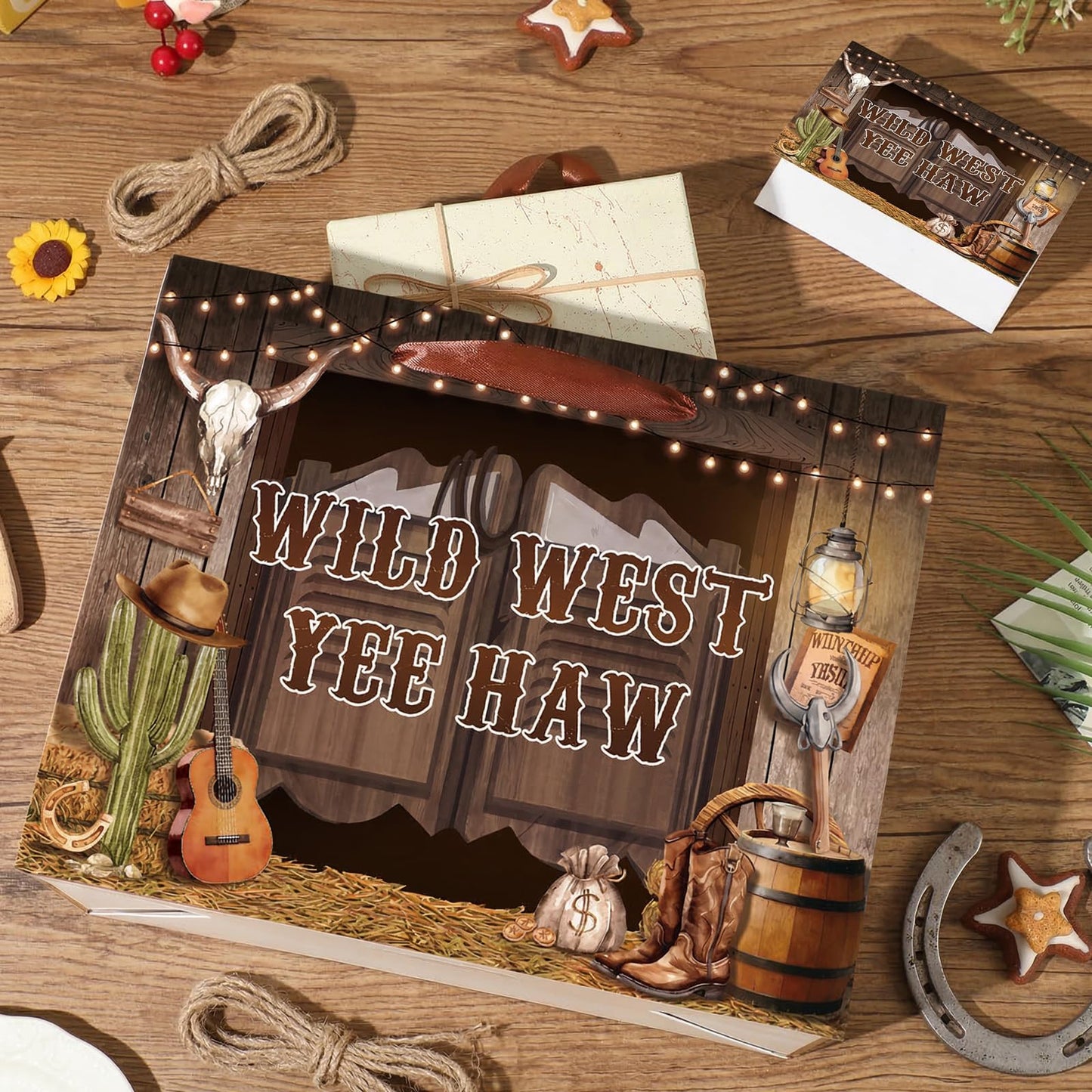 MOORIIY Western Cowboy Gift Bag with Tissue Paper and Greeting Card, Rustic Cowboy Birthday Gift Bag Wild West Wrapping Paper Bag for Boys Girls Birthday, Western Rodeo, Baby Shower Party Supplies