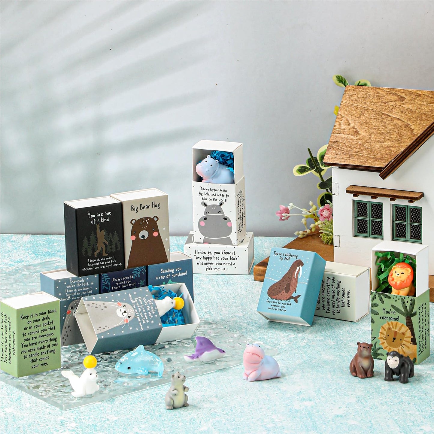 Soulchen 20 Sets Mini Emotional Gifts Bulk for Teacher Nurse Employee Positive Mental Health Stress Relief Gifts Resin Animal Figurines with Pun Box for Graduation End of Years Party Favors (Cute)