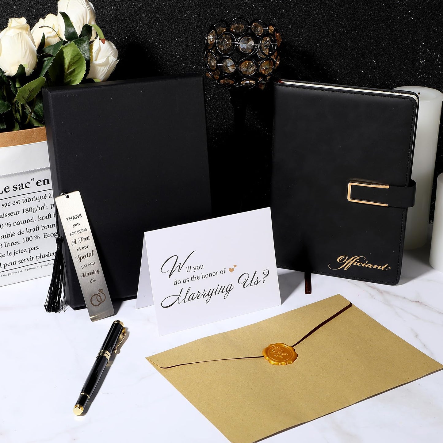 7 Pcs Officiant Gift Set Includes Leather Hardcover Proposal Officiant Book Black Ink Pen Thank You Card with Envelope and Sticker Bookmark Gift Box for Wedding(Black)