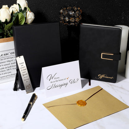 7 Pcs Officiant Gift Set Includes Leather Hardcover Proposal Officiant Book Black Ink Pen Thank You Card with Envelope and Sticker Bookmark Gift Box for Wedding(Black)