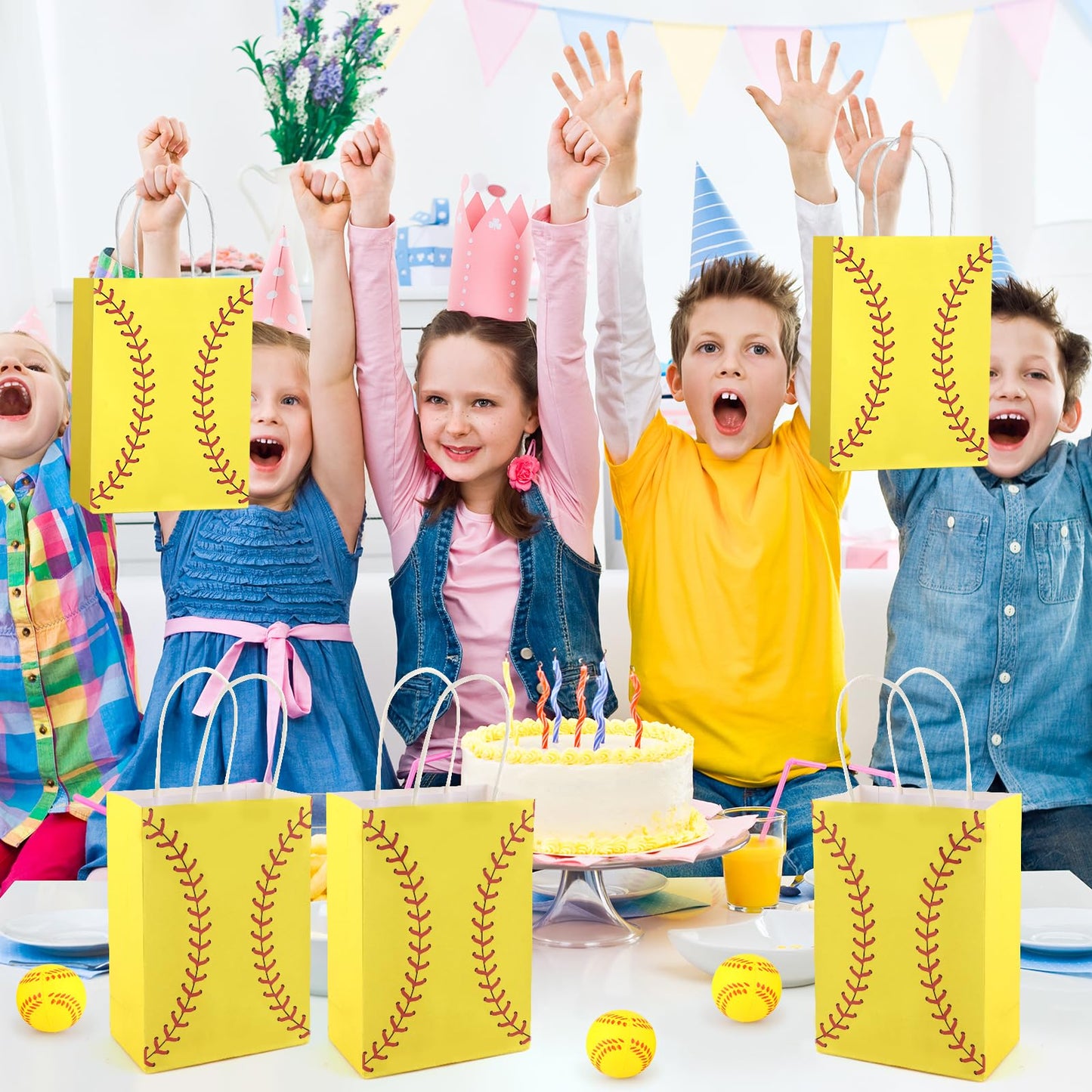 Hxezoc 12 Pieces Softball Gift Bags with Handle, Paper Treat Candy Bag Sport Favor Bags for Softball Theme Birthday Party Decoration Supplies