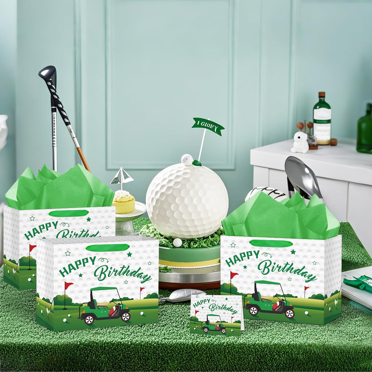 Hooqict Large Golf Gift Bag Golf Themed Birthday Party Gift Wrapping Bag with Handles, Tissue Paper, Greeting Cards for Kids Boys Men Goodie Candy Treat Party Favors