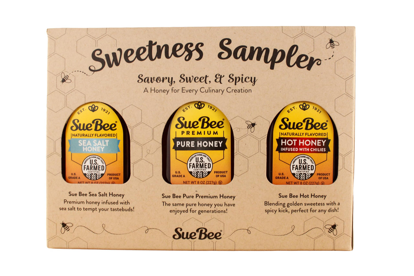 Sue Bee® Sweetness Sampler – 3 Pack Honey Gift Set | Original, Hot & Sea Salt | Pure U.S. Farmed Certified | Gourmet Gift Set for Foodies, Cooking, Tea, Charcuterie & Holiday Gifting 8 Ounce (Pack of 3)