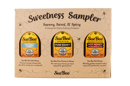 Sue Bee® Sweetness Sampler – 3 Pack Honey Gift Set | Original, Hot & Sea Salt | Pure U.S. Farmed Certified | Gourmet Gift Set for Foodies, Cooking, Tea, Charcuterie & Holiday Gifting 8 Ounce (Pack of 3)