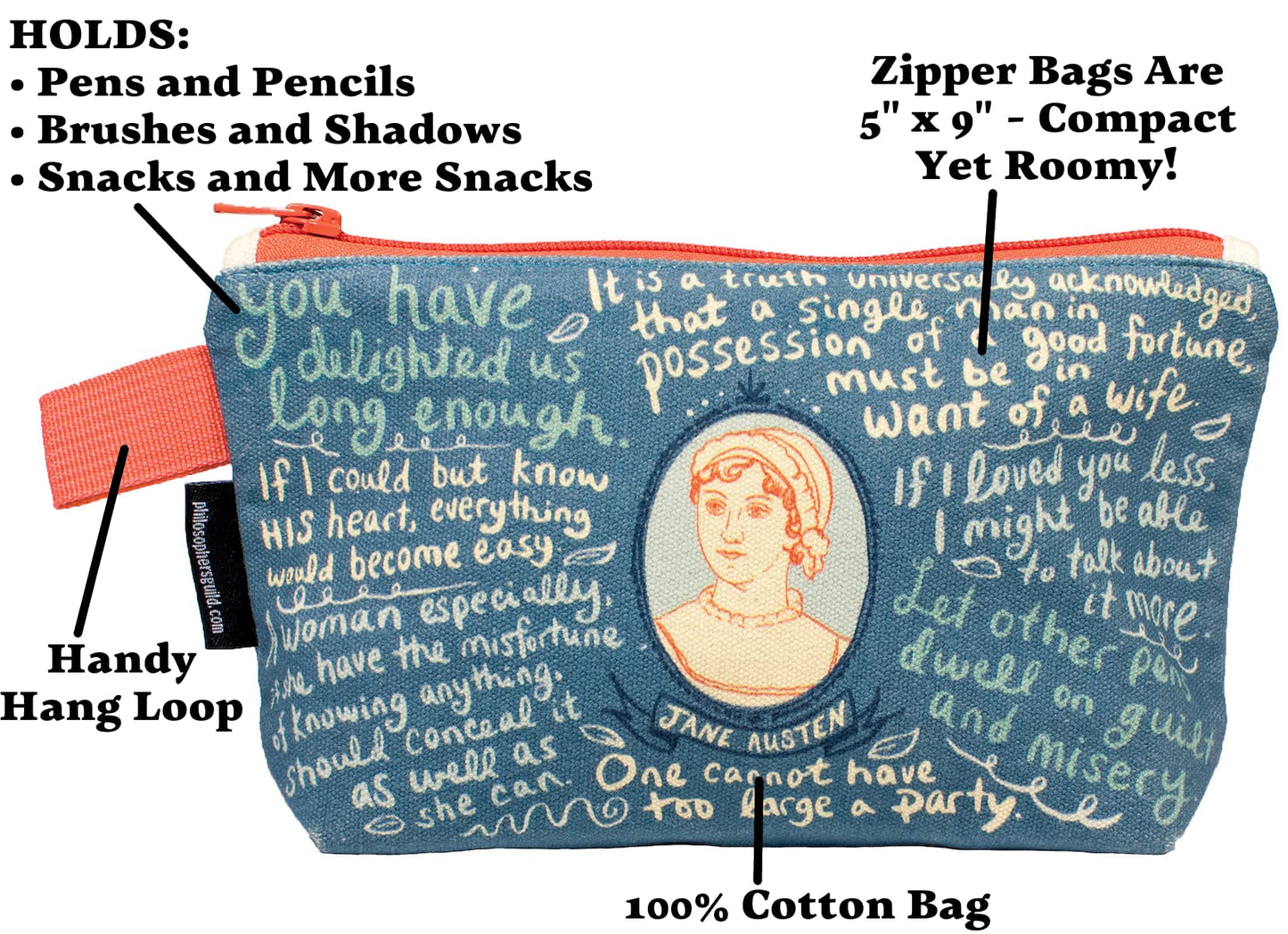 The Unemployed Philosophers Guild Jane Austen Bag - 9" Canvas Zipper Romance Themed Pouch for Pencils, Tools, Cosmetics, Toiletries and More