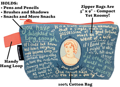 The Unemployed Philosophers Guild Jane Austen Bag - 9" Canvas Zipper Romance Themed Pouch for Pencils, Tools, Cosmetics, Toiletries and More
