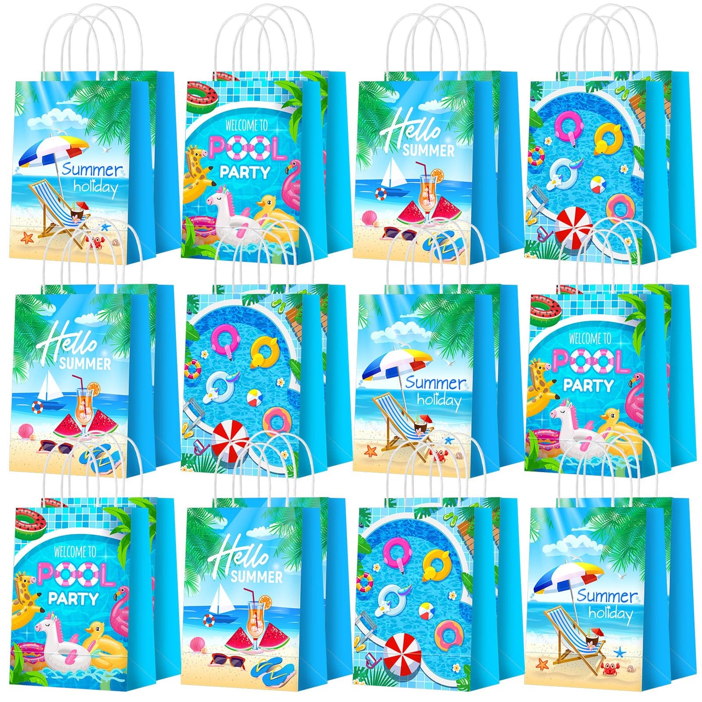 Outus 24 Pieces Summer Pool Party Favors Bags Beach Gift Goodie Paper Bags with Handles Beach Swimming Pool Candy Treat Pouch for Summer Hawaiian Luau Birthday Holiday Party Supplies