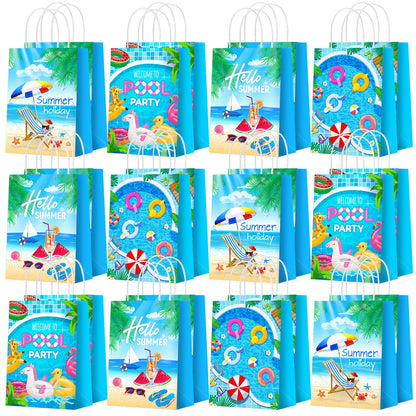 Outus 24 Pieces Summer Pool Party Favors Bags Beach Gift Goodie Paper Bags with Handles Beach Swimming Pool Candy Treat Pouch for Summer Hawaiian Luau Birthday Holiday Party Supplies