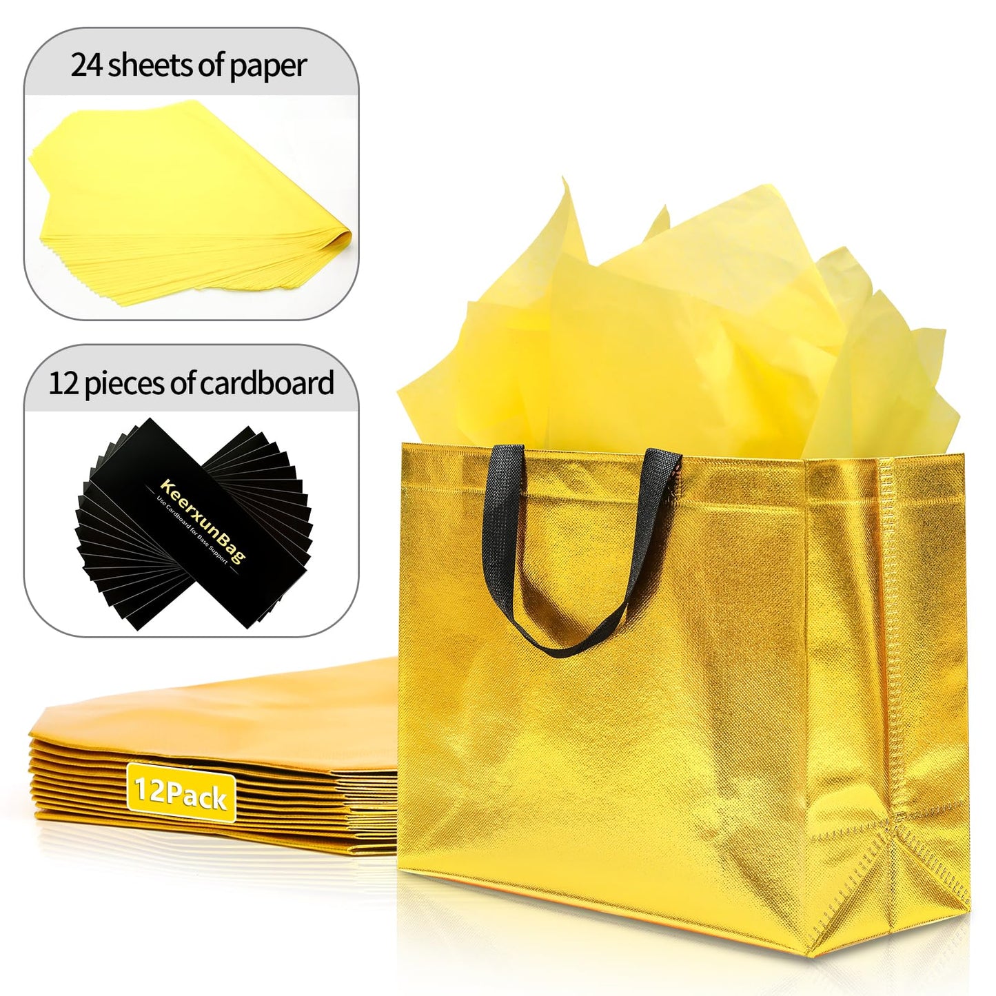KeerxunBag 12Pcs Reusable Gift Bags（Includes Tissue Paper） Gift bag with handle Birthdays Parties Holidays Weddings Medium 13x5x11in Golden Yellow Gift Bags