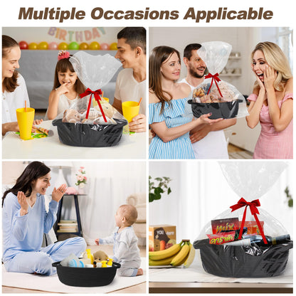 Small Baskets for Gifts Empty, 13"x 9"x 5" Woven Gift Basket with Bag and Ribbon, Cotton Rope Kids Dog Cat Toy Bin Box, Cute Baby Nursery Organizer, Decorative Storage with Handles (Black)