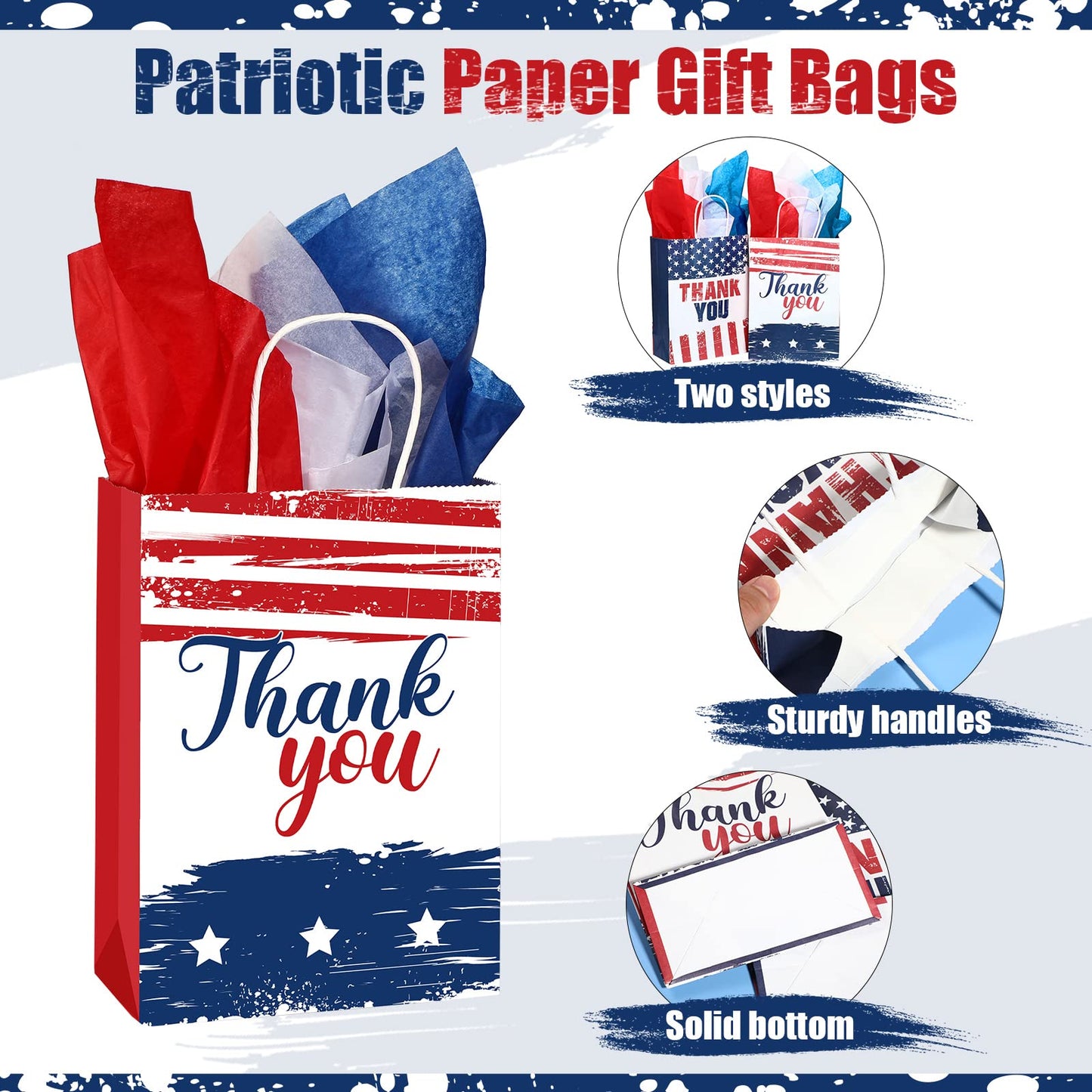 16 Pcs Patriotic Thank You Gift Bags with 18 Red White Blue Tissue Paper American Flag Party Favor USA Paper Treat Goodie Bags with Handle for 4th of July Veterans Memorial Independence Day Party