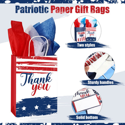 16 Pcs Patriotic Thank You Gift Bags with 18 Red White Blue Tissue Paper American Flag Party Favor USA Paper Treat Goodie Bags with Handle for 4th of July Veterans Memorial Independence Day Party
