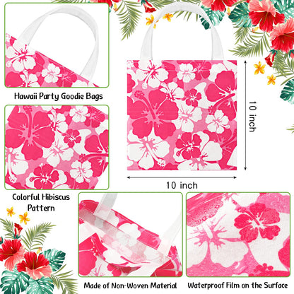 Teling 24 Pcs Hawaiian Party Favor Bags Hibiscus Tropical Tiki Luau Goodie Gift Bags with Handle for Kids Non Woven Summer Birthday Party Supplies