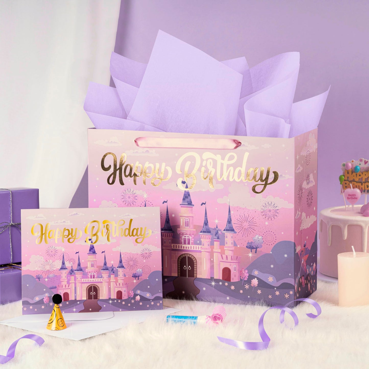 WRAPAHOLIC 13" Princess Birthday Gift Bags with Tissue Paper and Card - Purple Castle Bags for Kids Girls Birthday Party Baby Shower Supplies