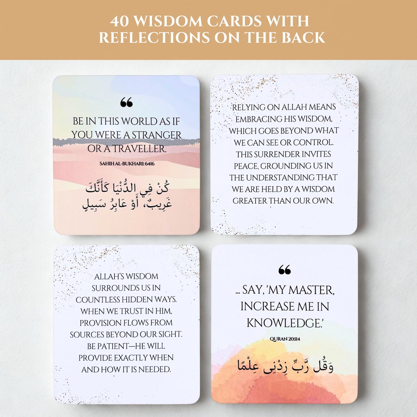 Islamic Wisdom Cards – Beautiful Gift Set with 40 Quran & Hadith Based Quotes for Spiritual Reflection, Ramadan & Eid | Premium Box + Wooden Stand