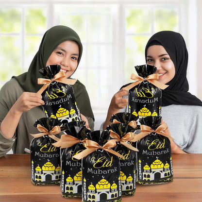 Blulu 50 Pcs Eid Mubarak Gifts Bags Plastic Ramadan Gift Bags Arabesque Moon Bulk Mosque Happy Eid Theme Goodie Pouches for Muslim Mubarak Party Candy Wrapping Supplies Decorations(Black)
