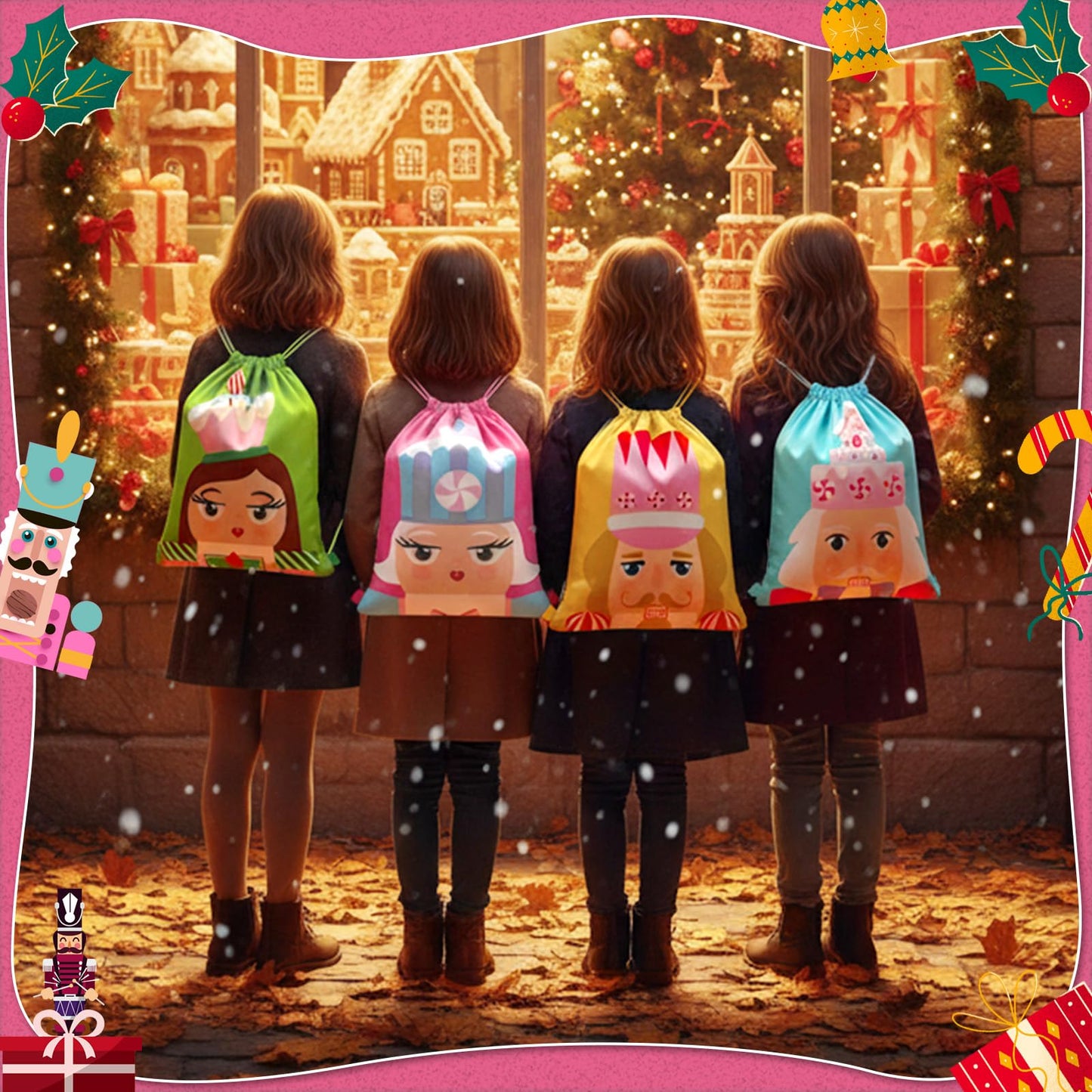 Hillban 12 Pcs Nutcracker Drawstring Backpack Valentine Nutcracker Gift Bags Waterproof Shoulder Bags for Yoga(Cute,Pink)