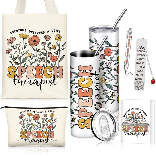 Geiserailie 6 Pcs Speech Therapy Gifts Speech Language Pathologist Appreciation Gifts Set with 20 oz Tumbler Tote Makeup Bag Card Pen for SLP Assistant Therapist Pathologist