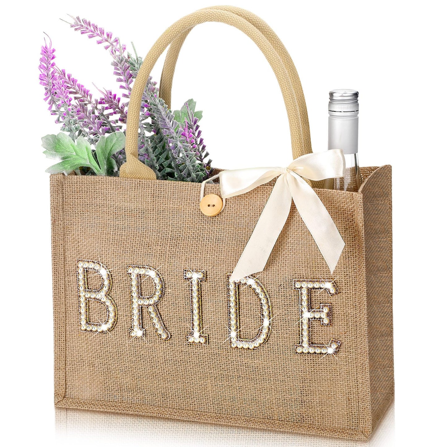 Silkfly Wedding Bride Tote Bag Bridal Shower Gift Beach Jute Tote Bag with Ribbon for Bachelorette Party Favors Supplies(Gold Edges,Bride)