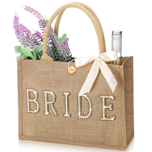 Silkfly Wedding Bride Tote Bag Bridal Shower Gift Beach Jute Tote Bag with Ribbon for Bachelorette Party Favors Supplies(Gold Edges,Bride)