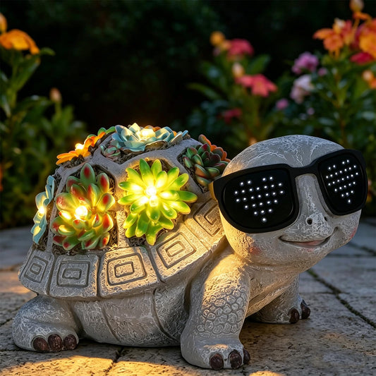 Unique Solar Garden Turtle Statue with I Love You LED Sunglasses and Succulent LED Lights, Lawn Decor Tortoise Figurine for Patio, Balcony Yard Ornament for Mom, Women & Grandma