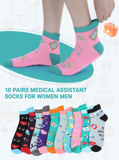 Newcotte 10 Pairs Medical Assistant Socks for Women Men Nurse Week Gifts Funny Cotton Ankle Socks for Medical Assistant Ma Healthcare Worker Cna Nurse Week Party Favors