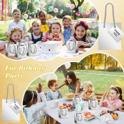 Sherr 100 Pcs Mini Gift Bags Bulk, 4 x 2.75 x 4.5 in Paper Bag with Tag, Extra Small Paper Gift Boxes with Handles for Birthday, Party Favor, Wedding, Small Business, Spring Easter(Silver)