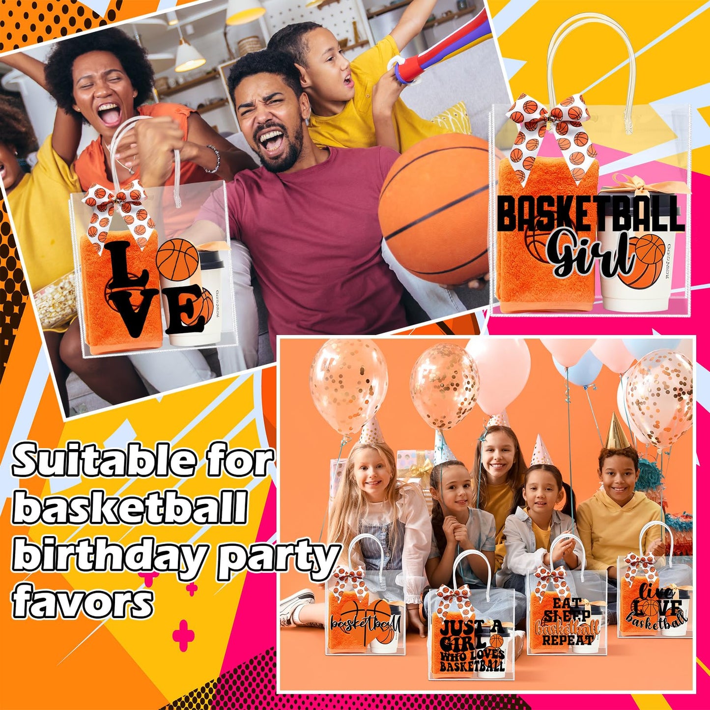 Vicenpal 12 Sets Clear Basketball Gift Bag with Handles 12 Pcs Bows PVC Plastic Basketball Treat Goodie Snack Bags 7.9 x 7.9 x 3.1'' Sport Theme Party Favors for Birthday Holiday Sports Team Gifts