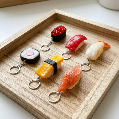 Sushi Keychain Set 6PCS with Gift Cards, Sushi Bag Charm Cute Sushi Key Ring Collection for Food Lovers, Funny Key Holder for Keys Bags or Backpack, Creative Gift for Friends Birthday Coworker Holiday