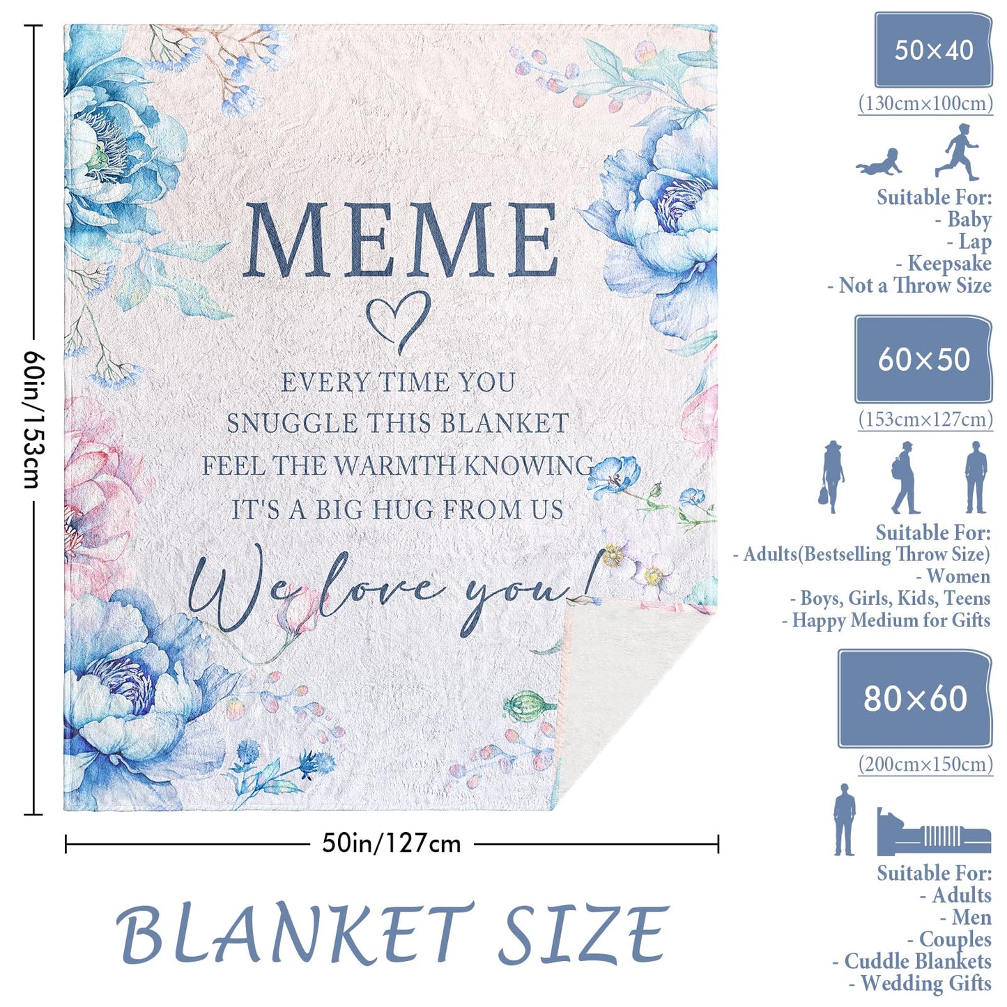 Meme Gifts, Meme Birthday Gifts, Meme Blanket 60" x 50", Grandma Gifts for Meme, Mother's Day Meme Gifts, Meme Gifts from Grandchildren, Meme Gifts for Christmas