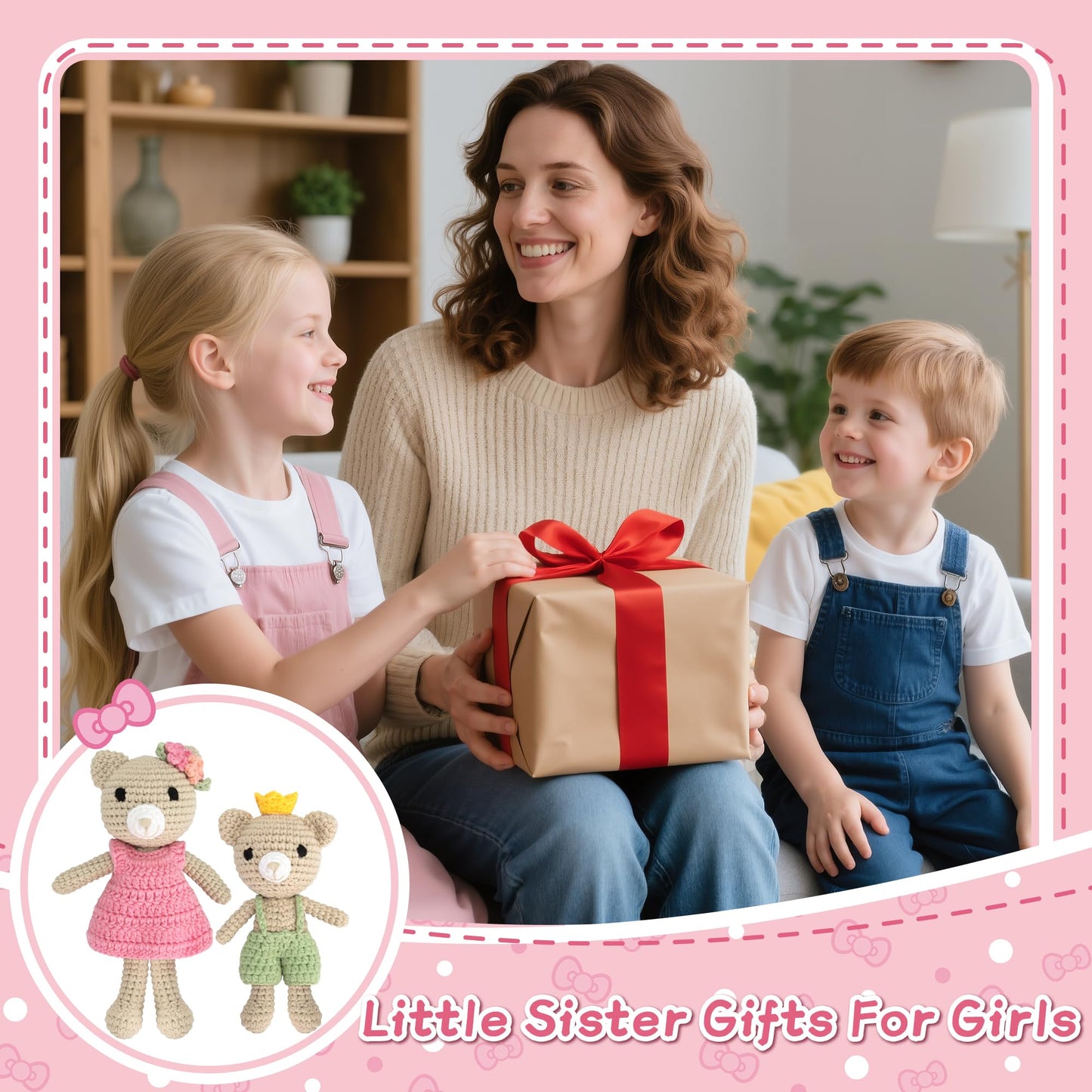 Big Sister Crochet Gift – Big Sister Little Brother Bear Dolls, Handmade Matching Stuffed Animals for Sibling Celebration, Older Sister Gift