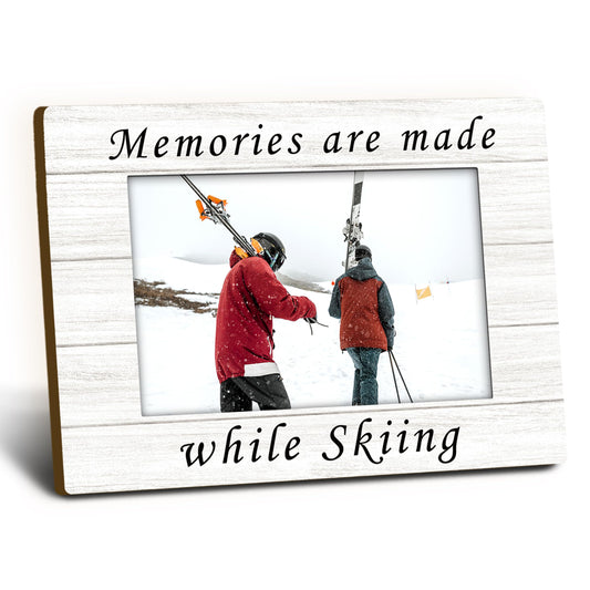 Ski Gifts Picture Frame 4x6, Ski Skiing Wooden Picture Frame, SkiGifts for SkiLovers Skier, Memories are Made While Skiing Decorative Photo Frames for Table Desk Ski Lodge Decor