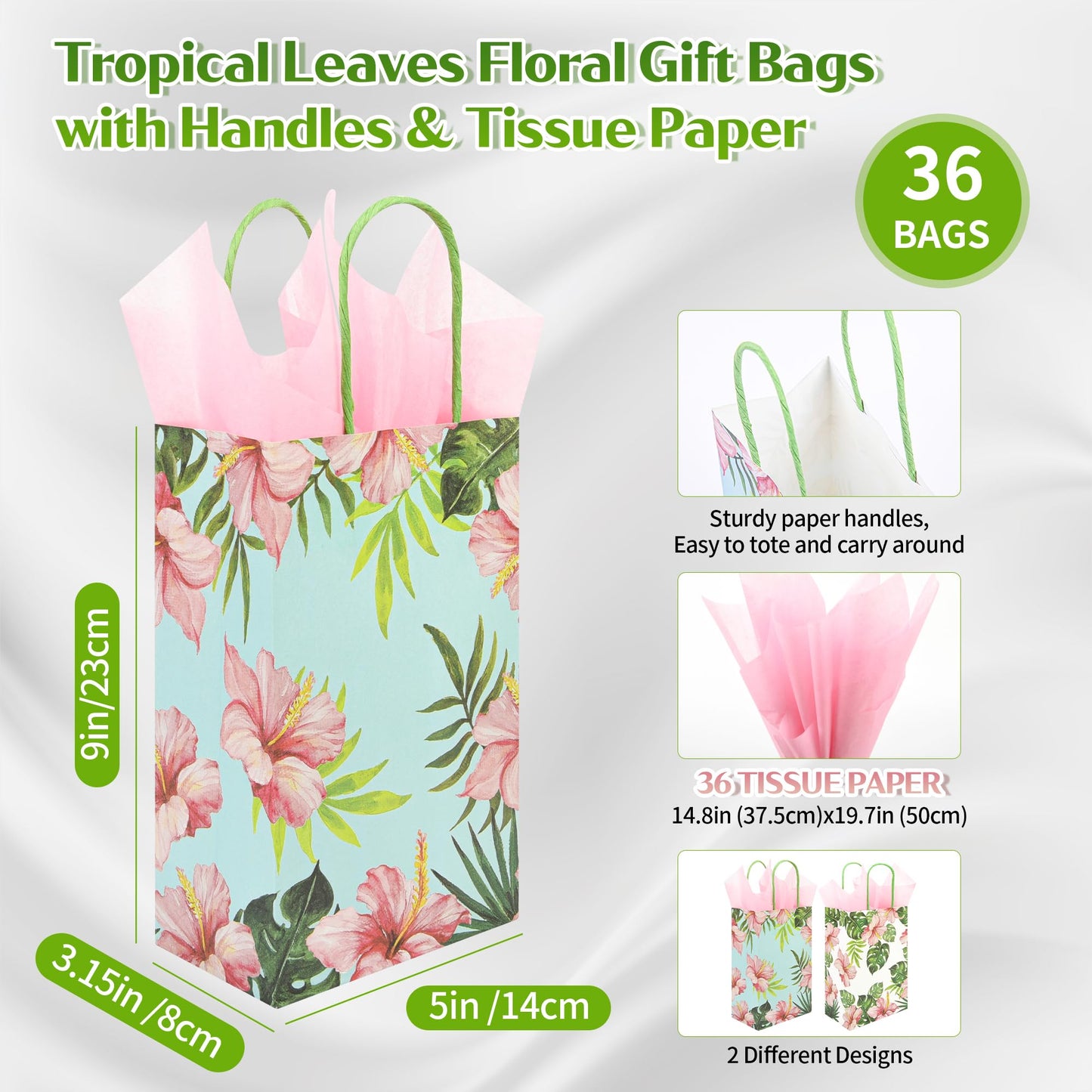 36 Pack Small Hawaiian Tropical Party Favor Gift Bags with Handles 9x5.5x3.15 Inch and 36 Pink Tissue Paper for Luau Parties, Birthdays, Weddings, Baby Showers, Bridal Showers (2 Designs Assorted)